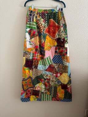 Vintage 1960s 1970s Multicolor Patchwork Cotton Maxi Skirt Boho Hippie Prairie